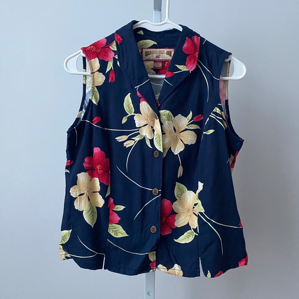 Caribbean Joe Rayon Tropical Beachy Relaxed Coastal Sleeveless Top S Navy Blue